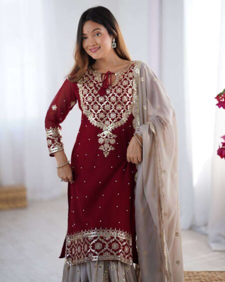 Women's Faux Georgette Sequins Embroidered Straight Kurta With Sharara Suit and Dupatta Set